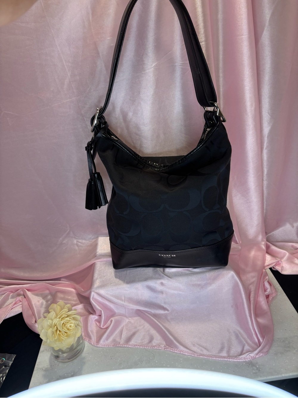 Coach Black Signature Hobo with Tassel Detail
